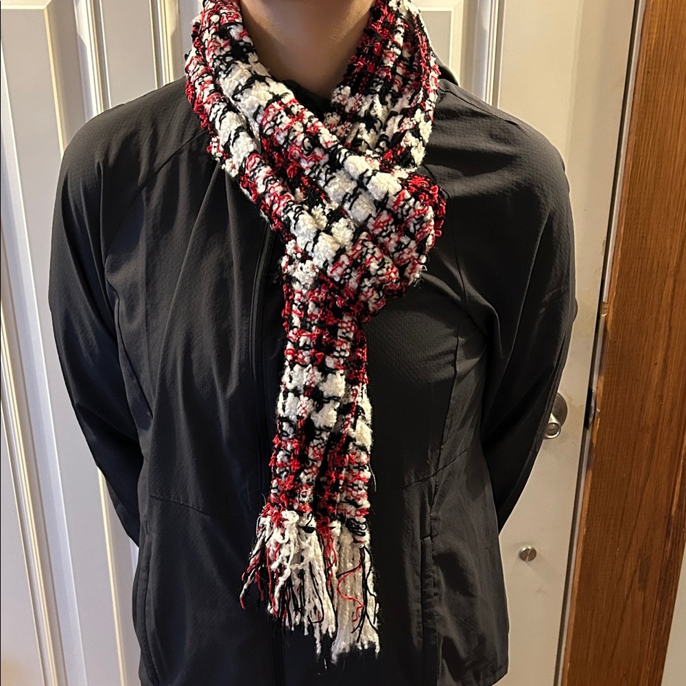 Red & Black Plaid Women’s Scarf with Metallic Touches